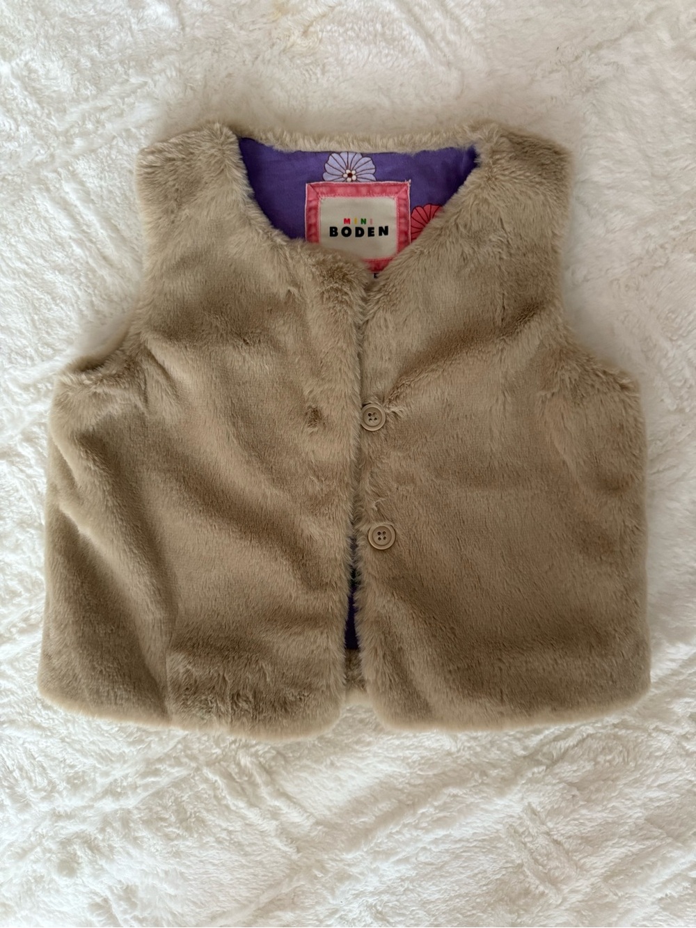 Mini Boden Plush Faux Fur Vest in Taupe with Purple Lining 4-5y